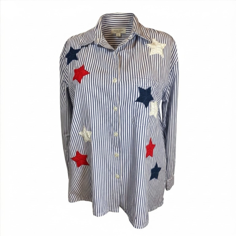 BFA Classics Womens XL Blue White Striped Star Applique Button Down Shirt Cotton